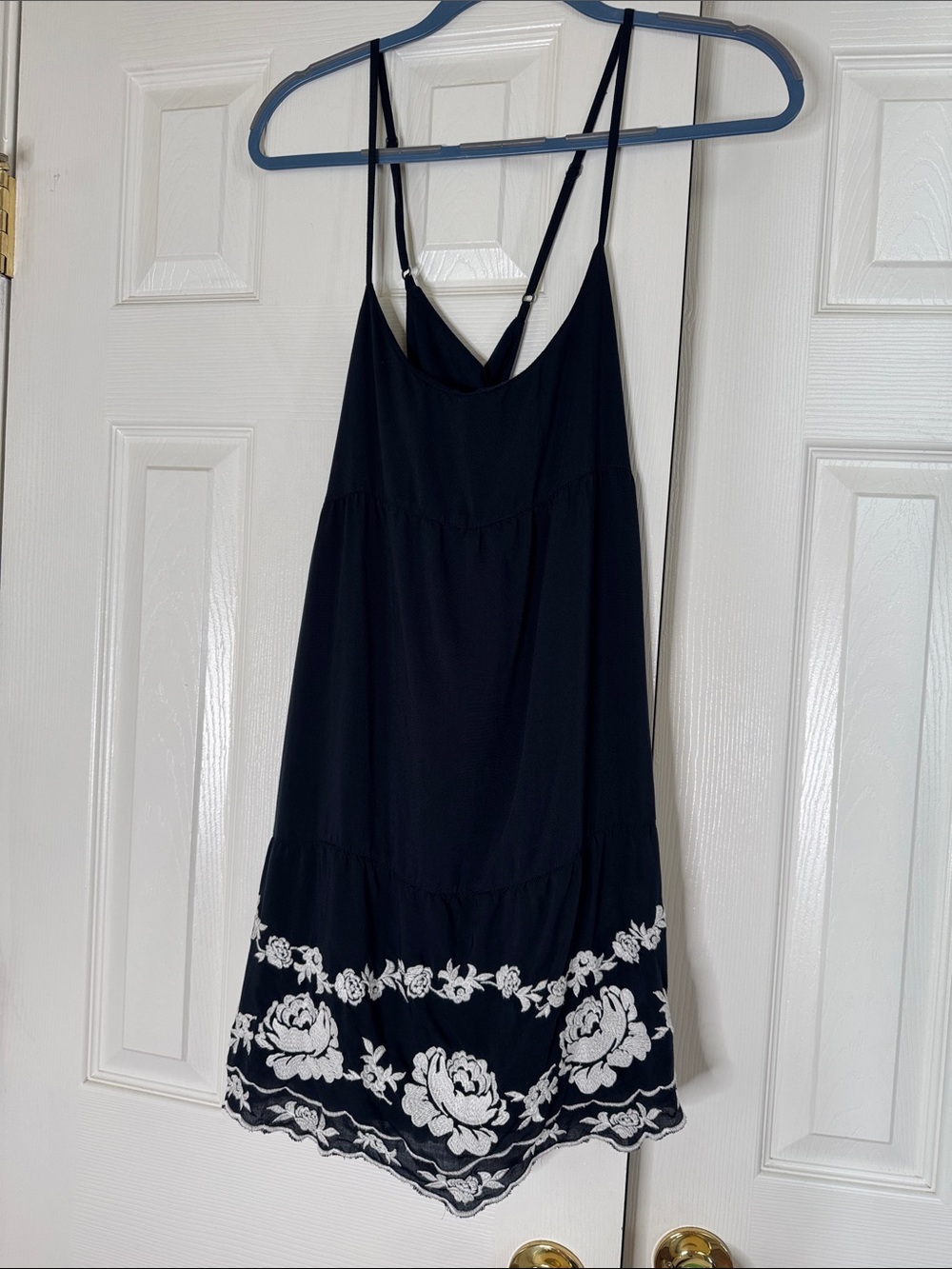 Black Spaghetti Strap Dress with White Floral Embroidered Hem size M
